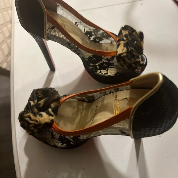 $1695 CHRISTIAN LOUBOUTIN SNAKESKIN/ LACE / LEOPARD PONY HAIR HEELS SZ 37 - Picture 4 of 14